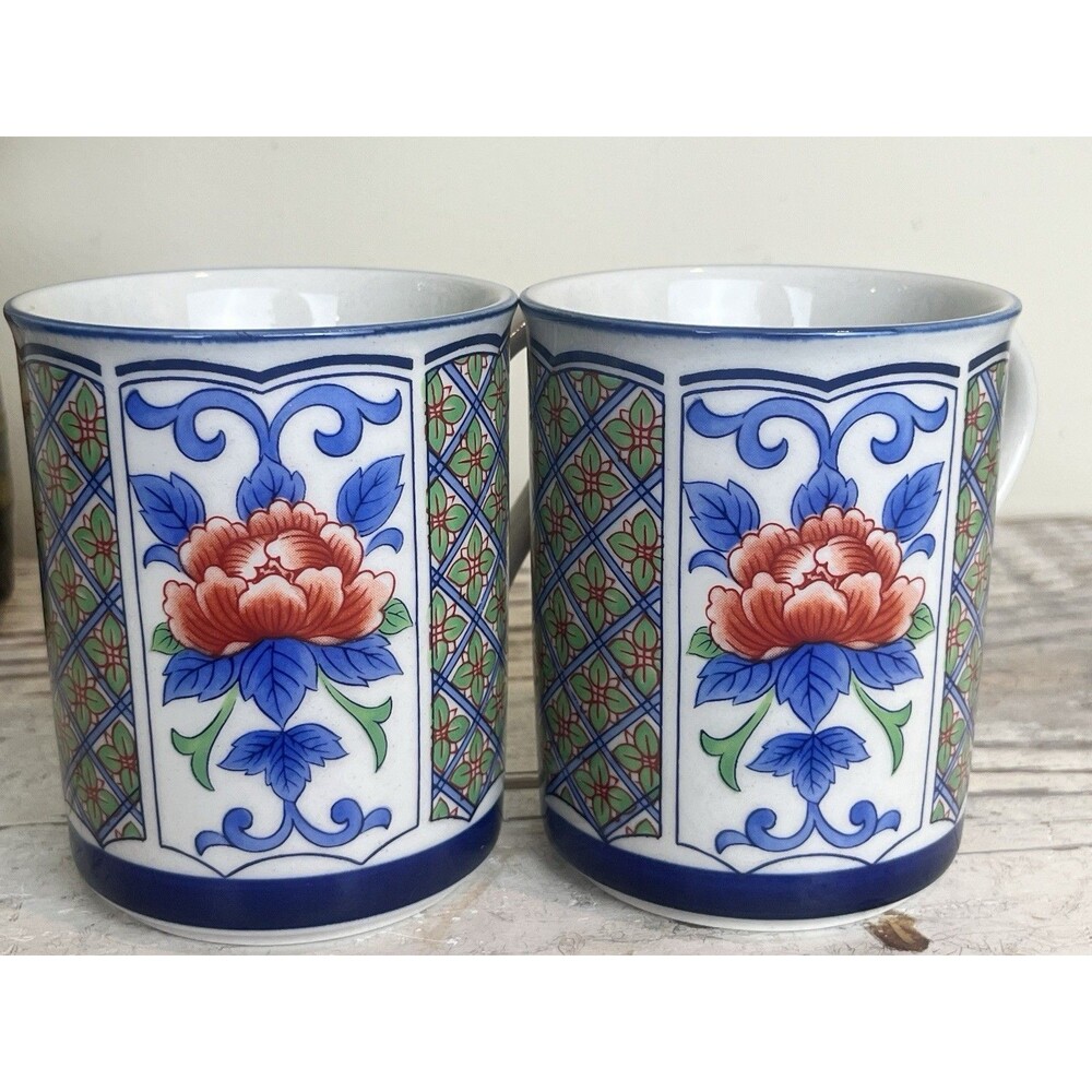 Vintage White Lotus Asian Style Ornate Floral Design Stoneware Mugs (Set Of 2)